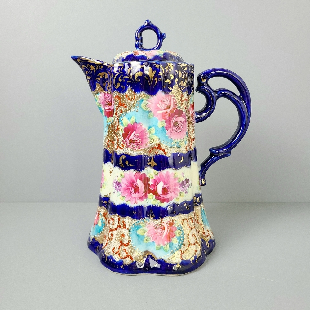 Antique Moriage Satsuma Blue Pink Rose Chocolate Pot